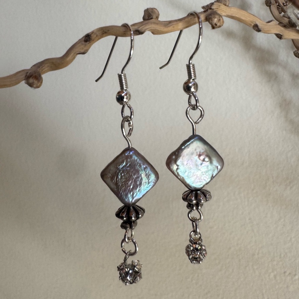 Handmade Freshwater Diamond Pearl Drop Earrings - Iridescent Silver w/ Crystals